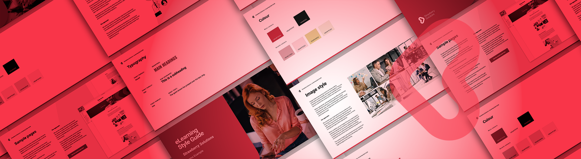 Branded eLearning Style Guide pages for typography, image style, colour and sample pages, under a red Strawberry Solutions overlay