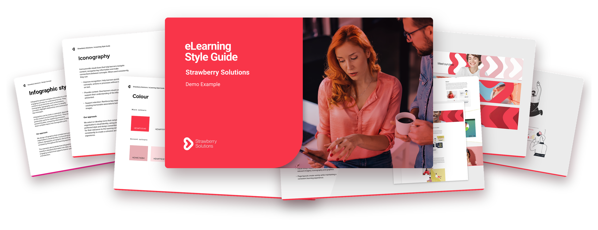 A demo eLearning Style Guide for branded eLearning, fanned out to show the cover, colour, iconography, infographic style and sample pages